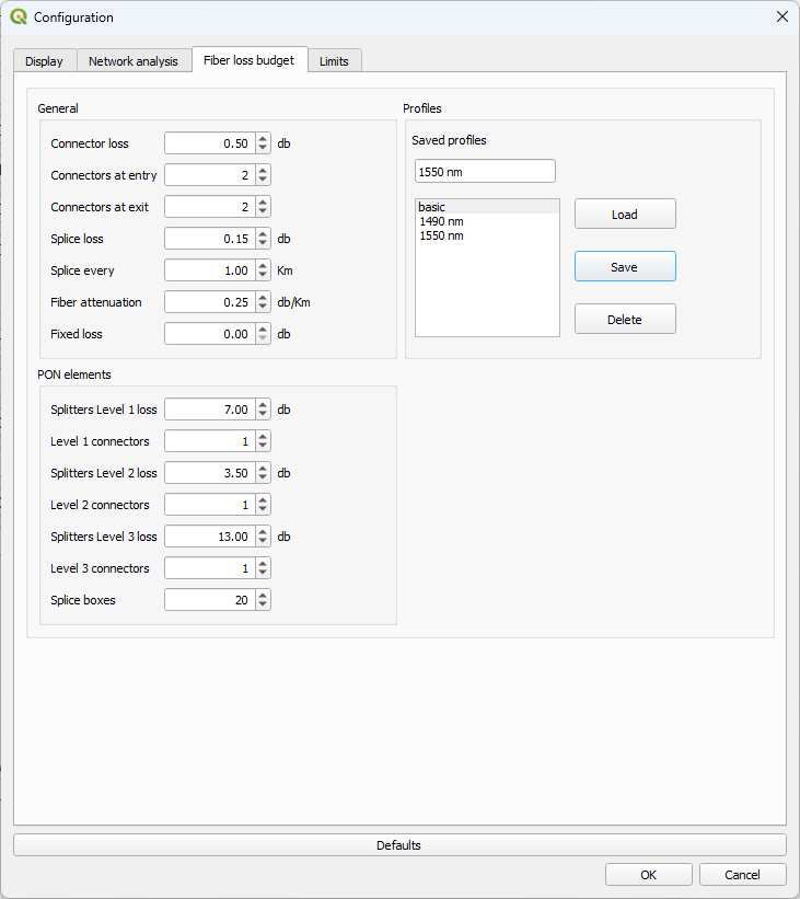 Configuration dialog screenshot - Fiber Loss Budget